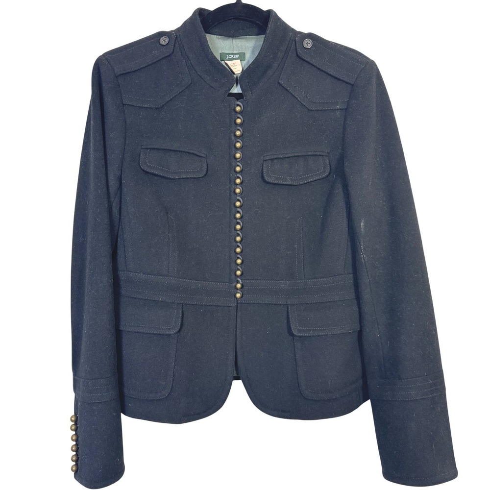 Vintage J.Crew Womens 12 Jacket Black 100% Wool Military Napolean Gold Buttons